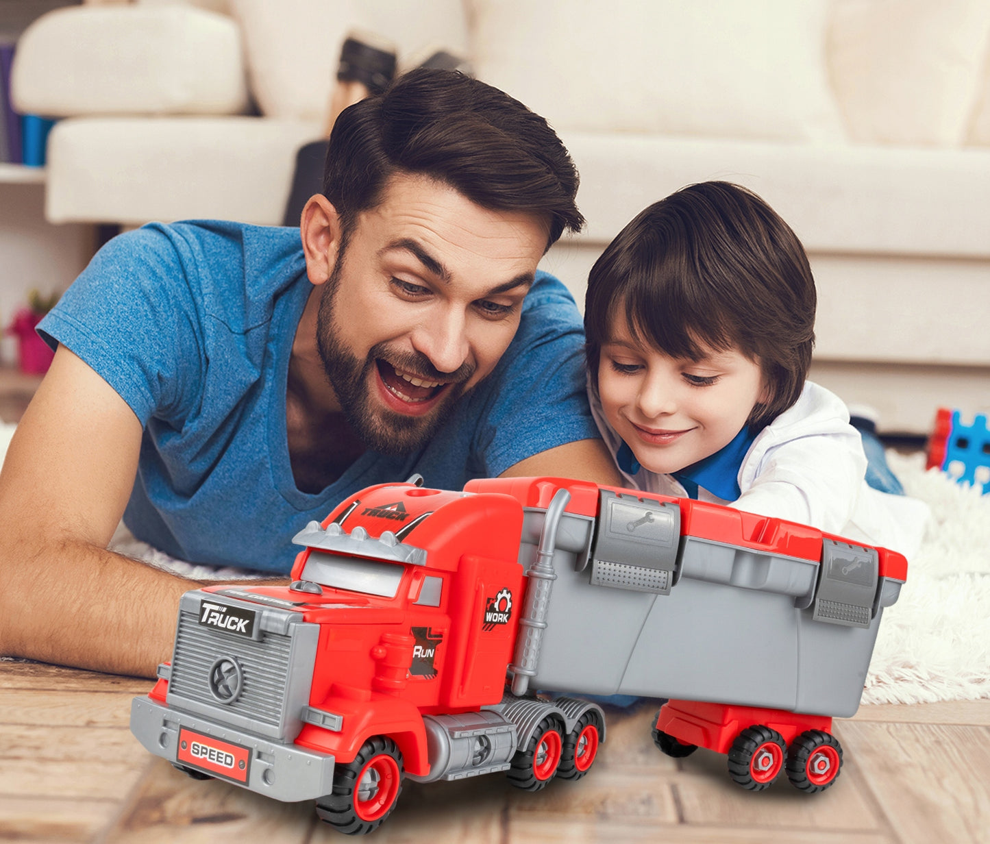 Camion de Pompieri 3in1 idealSTORE cu 3 Autospeciale de Pompieri si Set de Scule, Plastic ABS, Elemente Demontabile, Remorca Detasabila, Calitate Superioara