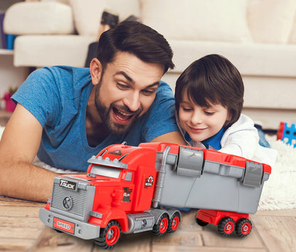 Camion de Pompieri 3in1 idealSTORE cu 3 Autospeciale de Pompieri si Set de Scule, Plastic ABS, Elemente Demontabile, Remorca Detasabila, Calitate Superioara