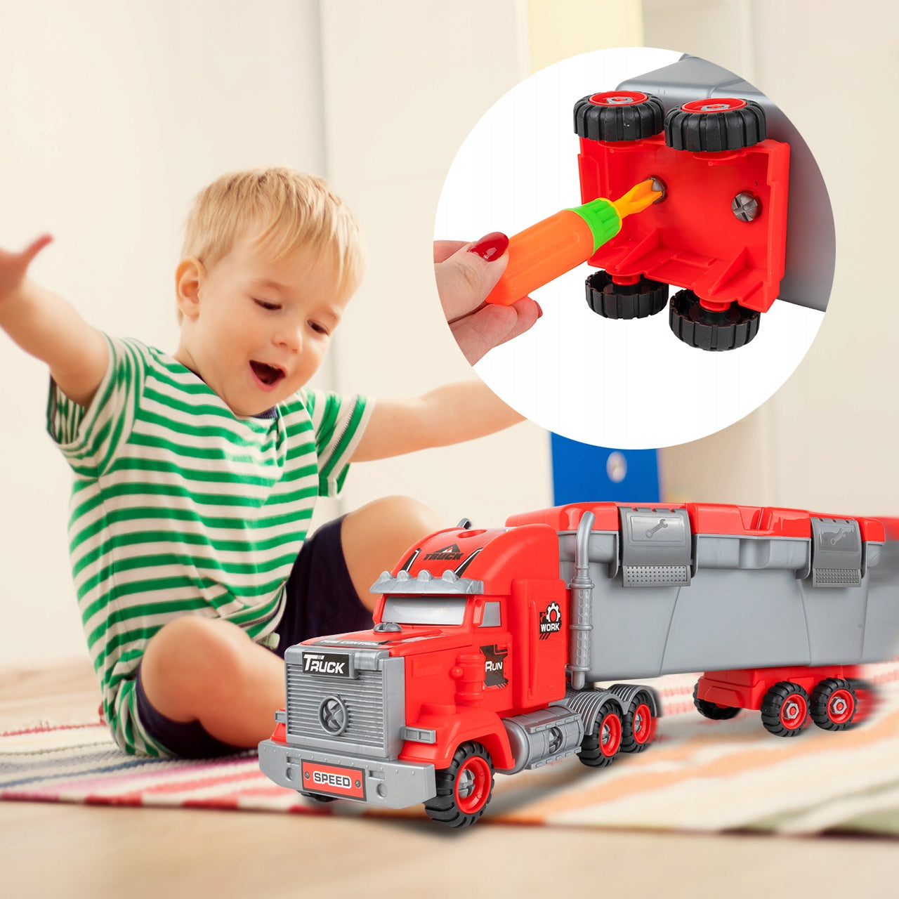 Camion de Pompieri 3in1 idealSTORE cu 3 Autospeciale de Pompieri si Set de Scule, Plastic ABS, Elemente Demontabile, Remorca Detasabila, Calitate Superioara