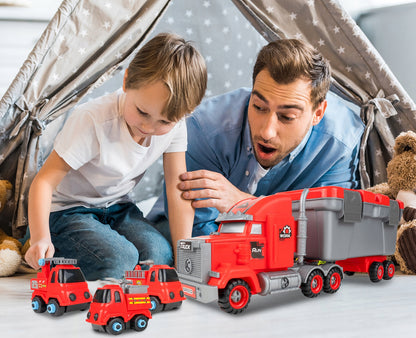 Camion de Pompieri 3in1 idealSTORE cu 3 Autospeciale de Pompieri si Set de Scule, Plastic ABS, Elemente Demontabile, Remorca Detasabila, Calitate Superioara