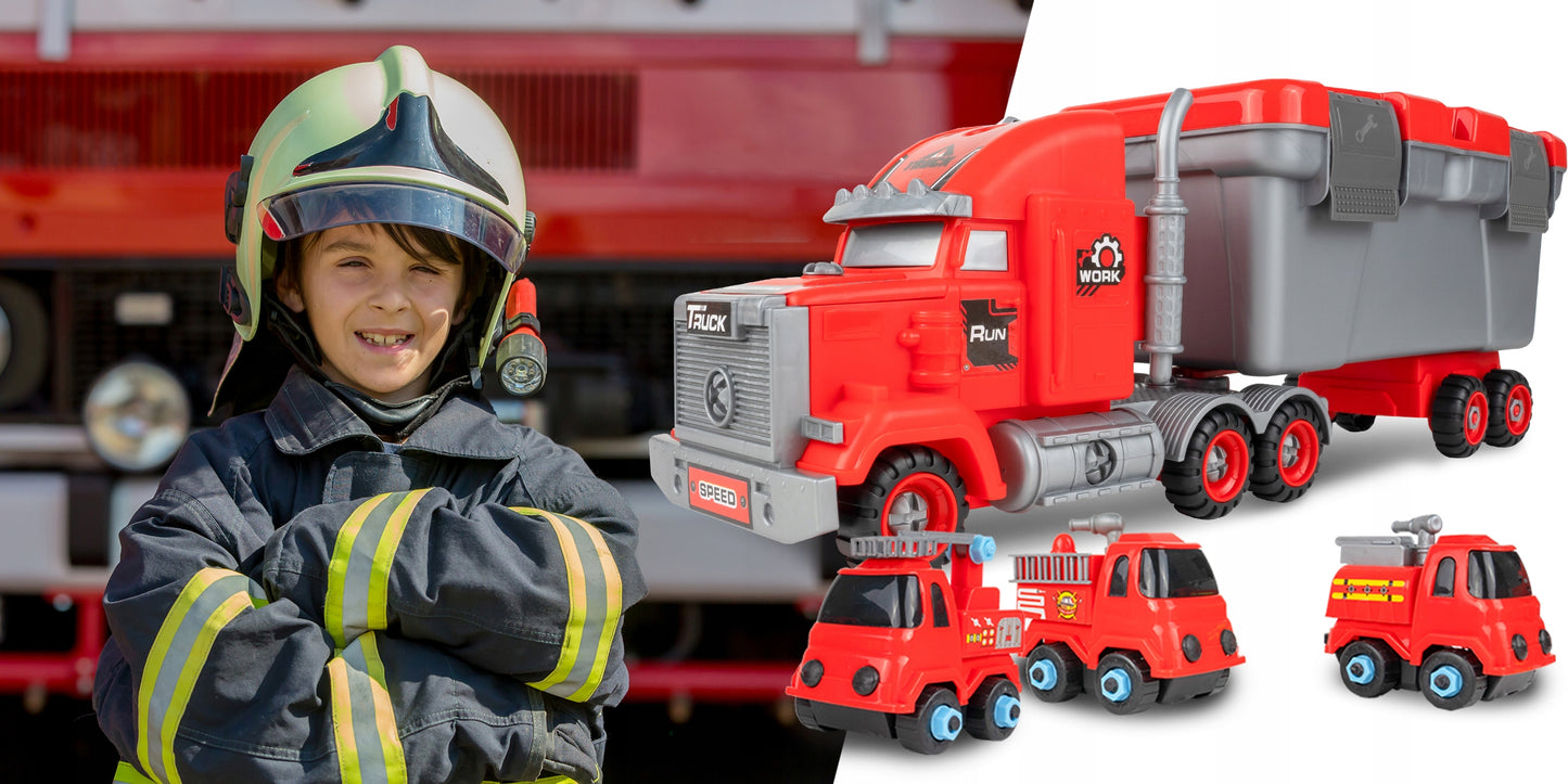 Camion de Pompieri 3in1 idealSTORE cu 3 Autospeciale de Pompieri si Set de Scule, Plastic ABS, Elemente Demontabile, Remorca Detasabila, Calitate Superioara