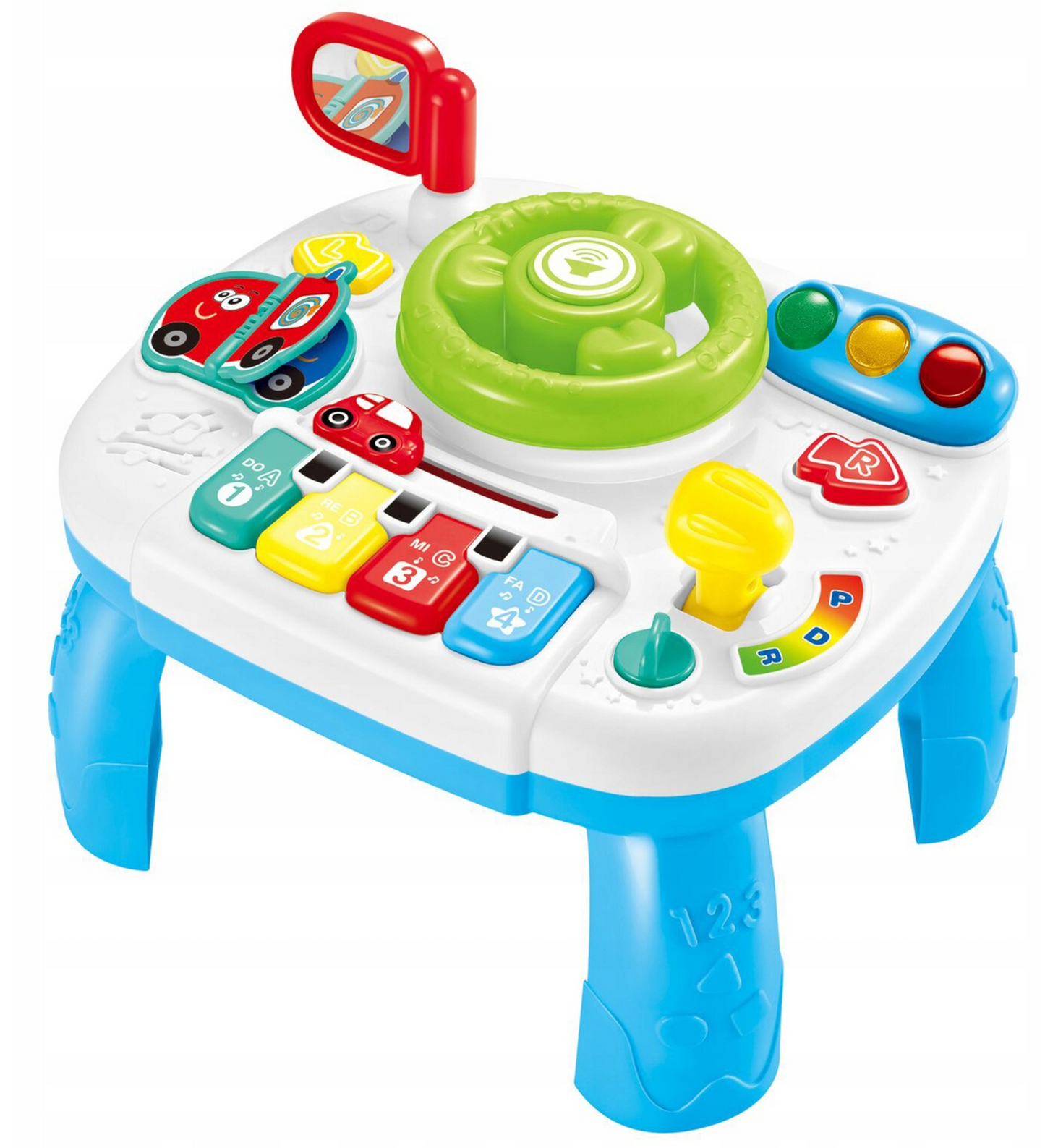 Jucarie interactiva multifunctionala, volan simulare condus cu schimbator, oglinda retrovizoare, indicator de directie, semafor si pian, 18+ luni