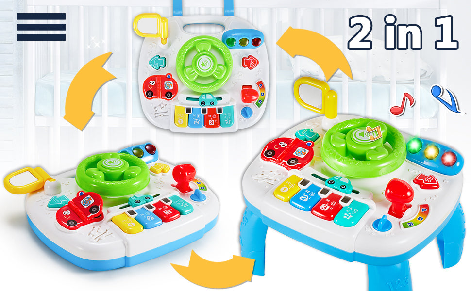 Jucarie interactiva multifunctionala, volan simulare condus cu schimbator, oglinda retrovizoare, indicator de directie, semafor si pian, 18+ luni