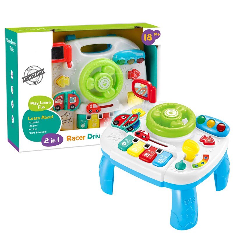 Jucarie interactiva multifunctionala, volan simulare condus cu schimbator, oglinda retrovizoare, indicator de directie, semafor si pian, 18+ luni