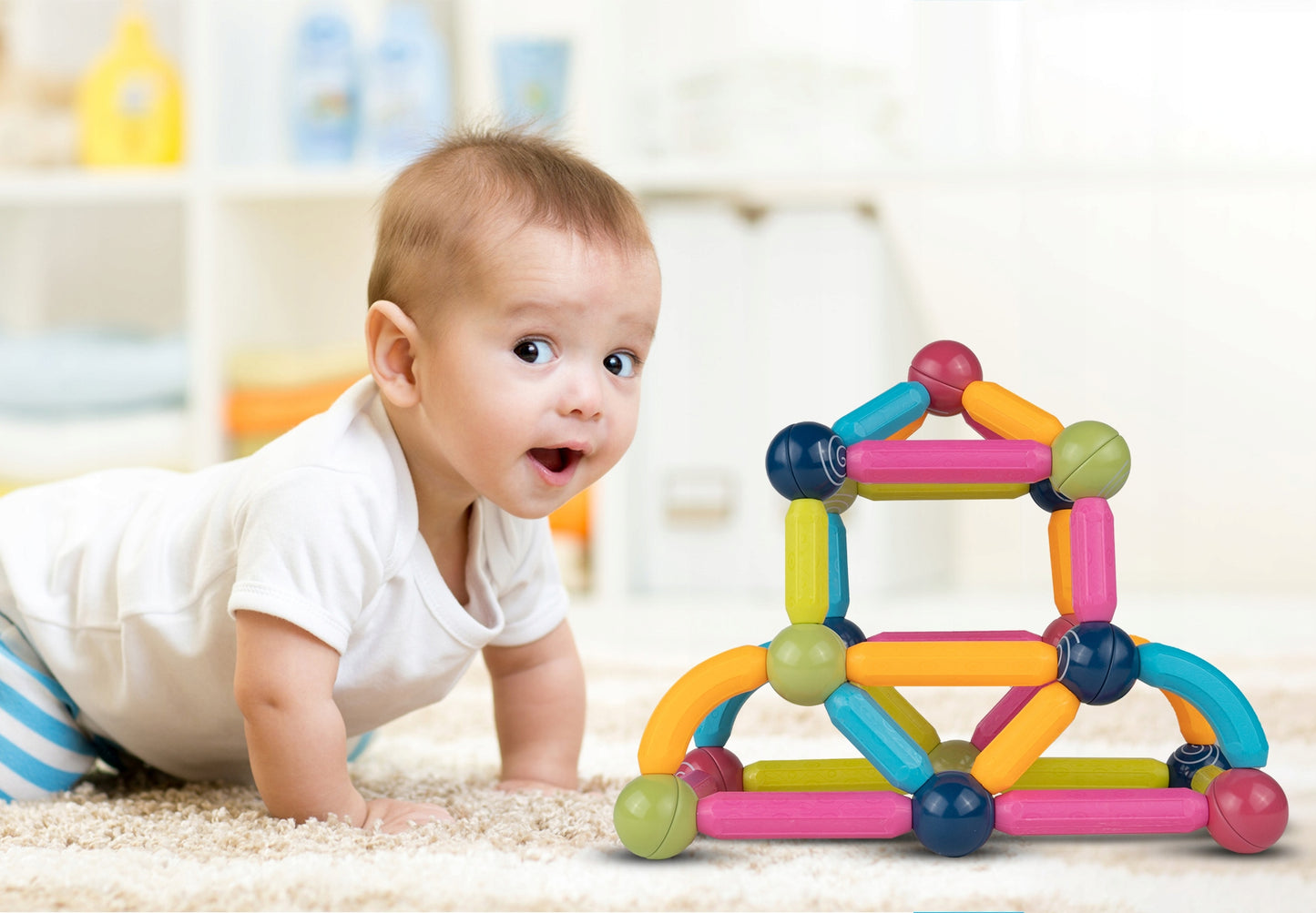 Blocuri de Constructie Magnetice idealStore All Puzzle, joc Educational, Dezvolta Creativitatea, Concentrarea, Rabdarea, constructii Tridimensionale, Conectare Magnetica, 46 de Elemente, Multicolor