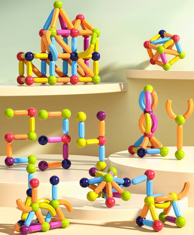 Blocuri de Constructie Magnetice idealStore All Puzzle, joc Educational, Dezvolta Creativitatea, Concentrarea, Rabdarea, constructii Tridimensionale, Conectare Magnetica, 46 de Elemente, Multicolor