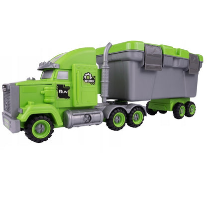 Camion Remorcare 2in1 cu Masinute de Gunoi Demontabile idealSTORE, Dimensiuni 45 x 12 x 17 cm, Include Masina cu Carlig, Basculanta, Camion, Surubelnita cu 3 biti, Plastic ABS, Calitate Superioara, Valiza cu Maner pentru Transportat