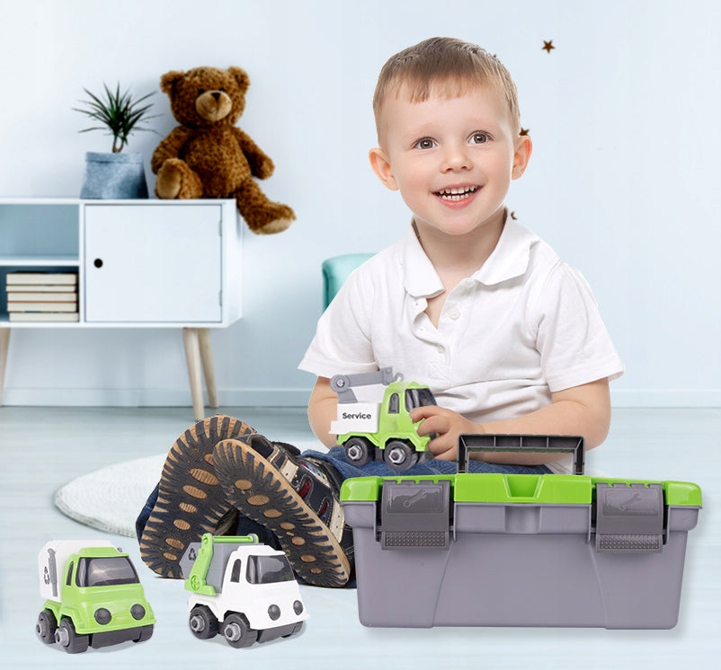 Camion Remorcare 2in1 cu Masinute de Gunoi Demontabile idealSTORE, Dimensiuni 45 x 12 x 17 cm, Include Masina cu Carlig, Basculanta, Camion, Surubelnita cu 3 biti, Plastic ABS, Calitate Superioara, Valiza cu Maner pentru Transportat