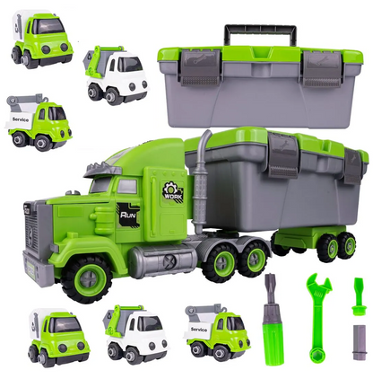 Camion Remorcare 2in1 cu Masinute de Gunoi Demontabile idealSTORE, Dimensiuni 45 x 12 x 17 cm, Include Masina cu Carlig, Basculanta, Camion, Surubelnita cu 3 biti, Plastic ABS, Calitate Superioara, Valiza cu Maner pentru Transportat