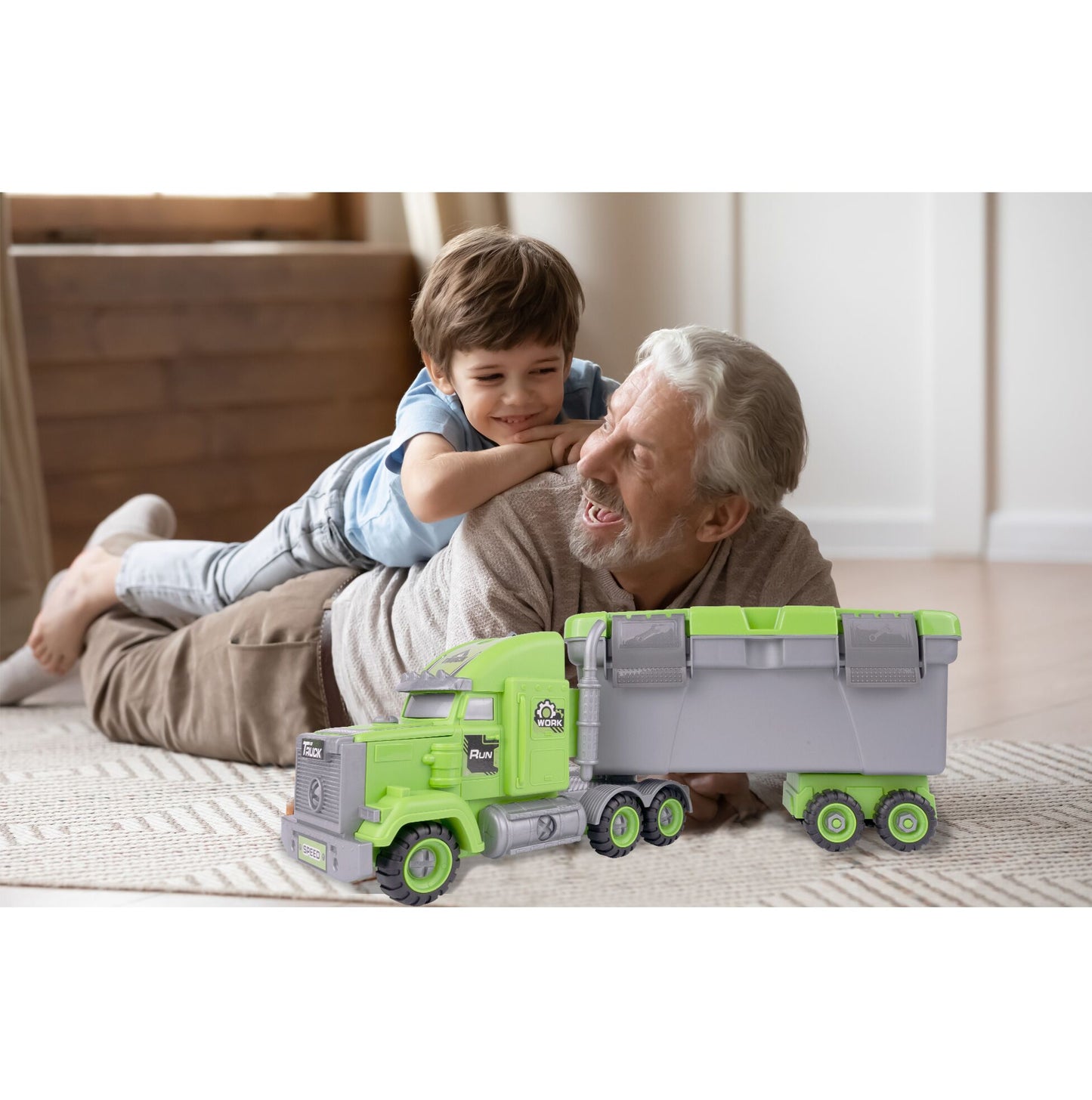 Camion Remorcare 2in1 cu Masinute de Gunoi Demontabile idealSTORE, Dimensiuni 45 x 12 x 17 cm, Include Masina cu Carlig, Basculanta, Camion, Surubelnita cu 3 biti, Plastic ABS, Calitate Superioara, Valiza cu Maner pentru Transportat