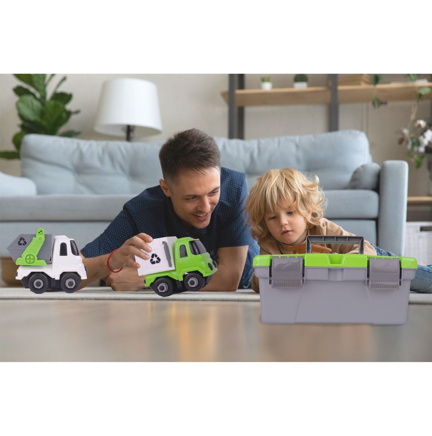 Camion Remorcare 2in1 cu Masinute de Gunoi Demontabile idealSTORE, Dimensiuni 45 x 12 x 17 cm, Include Masina cu Carlig, Basculanta, Camion, Surubelnita cu 3 biti, Plastic ABS, Calitate Superioara, Valiza cu Maner pentru Transportat