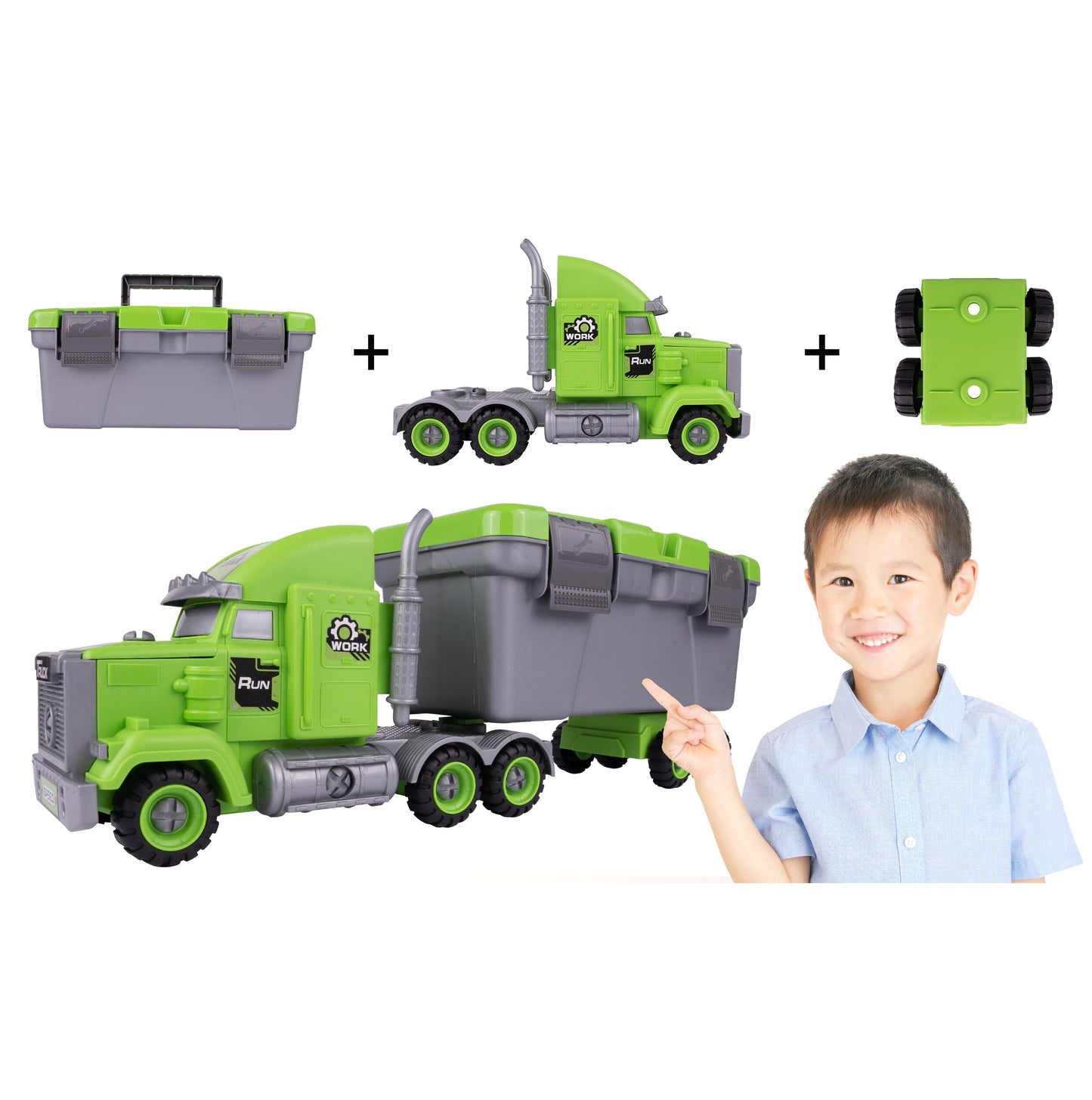 Camion Remorcare 2in1 cu Masinute de Gunoi Demontabile idealSTORE, Dimensiuni 45 x 12 x 17 cm, Include Masina cu Carlig, Basculanta, Camion, Surubelnita cu 3 biti, Plastic ABS, Calitate Superioara, Valiza cu Maner pentru Transportat