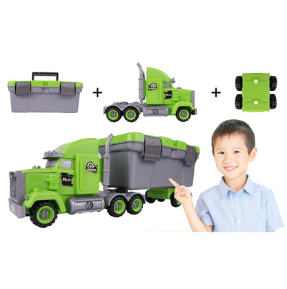 Camion Remorcare 2in1 cu Masinute de Gunoi Demontabile idealSTORE, Dimensiuni 45 x 12 x 17 cm, Include Masina cu Carlig, Basculanta, Camion, Surubelnita cu 3 biti, Plastic ABS, Calitate Superioara, Valiza cu Maner pentru Transportat
