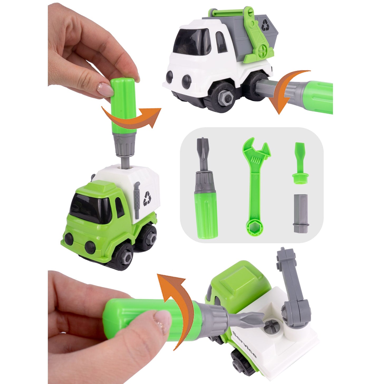 Camion Remorcare 2in1 cu Masinute de Gunoi Demontabile idealSTORE, Dimensiuni 45 x 12 x 17 cm, Include Masina cu Carlig, Basculanta, Camion, Surubelnita cu 3 biti, Plastic ABS, Calitate Superioara, Valiza cu Maner pentru Transportat