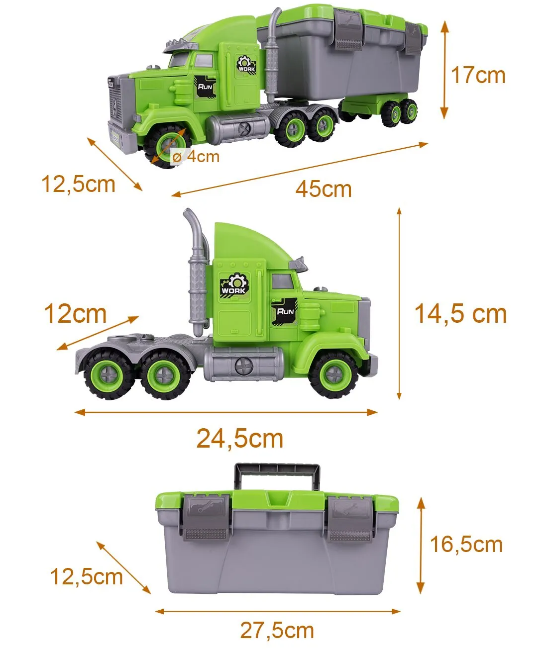 Camion Remorcare 2in1 cu Masinute de Gunoi Demontabile idealSTORE, Dimensiuni 45 x 12 x 17 cm, Include Masina cu Carlig, Basculanta, Camion, Surubelnita cu 3 biti, Plastic ABS, Calitate Superioara, Valiza cu Maner pentru Transportat
