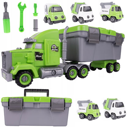Camion Remorcare 2in1 cu Masinute de Gunoi Demontabile idealSTORE, Dimensiuni 45 x 12 x 17 cm, Include Masina cu Carlig, Basculanta, Camion, Surubelnita cu 3 biti, Plastic ABS, Calitate Superioara, Valiza cu Maner pentru Transportat