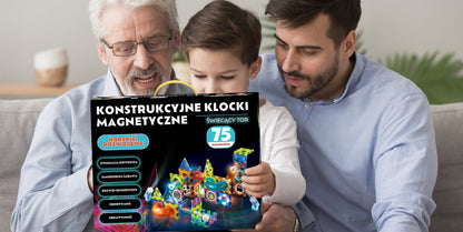 Set de Blocuri Magnetice cu Lumina idealStore LightMAG, 75 elemente, Efect de Stralucire in Intuneric, Magneti Puternici din Neodim, Dezvolta Abilitati Manuale, Imaginatia Spatiala, Gandirea Logica si Atentia