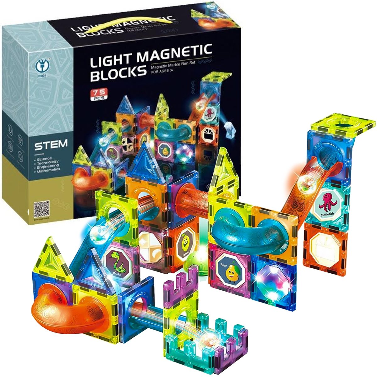 Set de Blocuri Magnetice cu Lumina idealStore LightMAG, 75 elemente, Efect de Stralucire in Intuneric, Magneti Puternici din Neodim, Dezvolta Abilitati Manuale, Imaginatia Spatiala, Gandirea Logica si Atentia