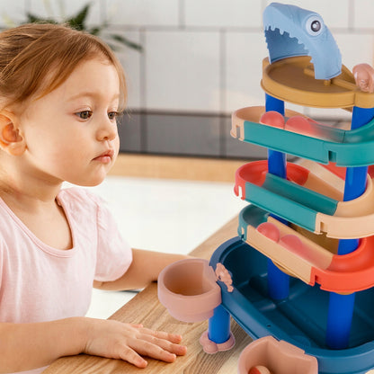 Masuta 3 in 1 cu Tobogan idealStore FunSlide, include 4 Bile, Utilizare in Interior si Exterior, Material Solid si Rezistent, Dezvolta coordonare mana-ochi, Design Atractiv