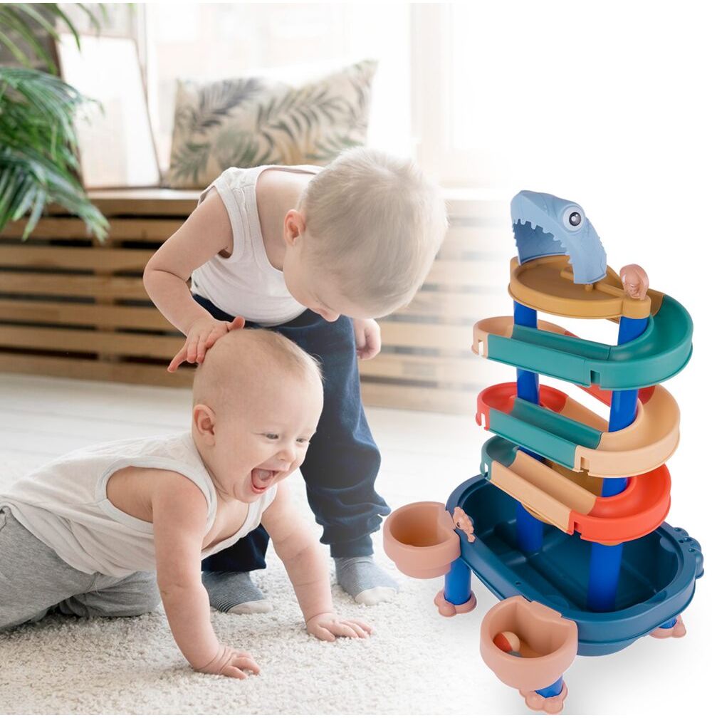 Masuta 3 in 1 cu Tobogan idealStore FunSlide, include 4 Bile, Utilizare in Interior si Exterior, Material Solid si Rezistent, Dezvolta coordonare mana-ochi, Design Atractiv