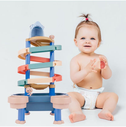 Masuta 3 in 1 cu Tobogan idealStore FunSlide, include 4 Bile, Utilizare in Interior si Exterior, Material Solid si Rezistent, Dezvolta coordonare mana-ochi, Design Atractiv