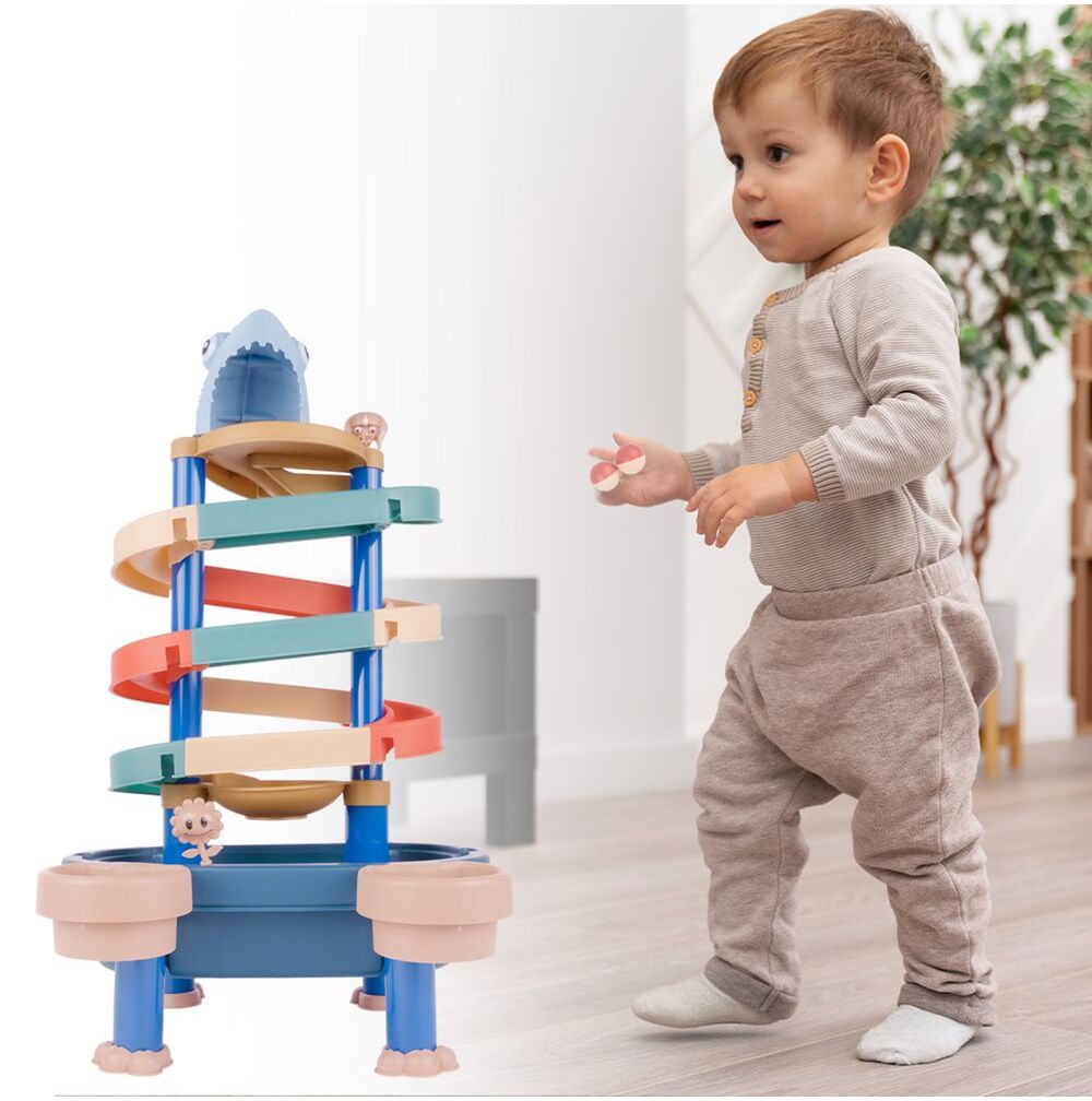 Masuta 3 in 1 cu Tobogan idealStore FunSlide, include 4 Bile, Utilizare in Interior si Exterior, Material Solid si Rezistent, Dezvolta coordonare mana-ochi, Design Atractiv