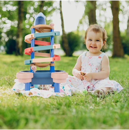 Masuta 3 in 1 cu Tobogan idealStore FunSlide, include 4 Bile, Utilizare in Interior si Exterior, Material Solid si Rezistent, Dezvolta coordonare mana-ochi, Design Atractiv