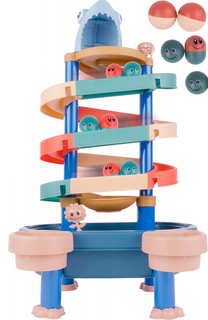 Masuta 3 in 1 cu Tobogan idealStore FunSlide, include 4 Bile, Utilizare in Interior si Exterior, Material Solid si Rezistent, Dezvolta coordonare mana-ochi, Design Atractiv