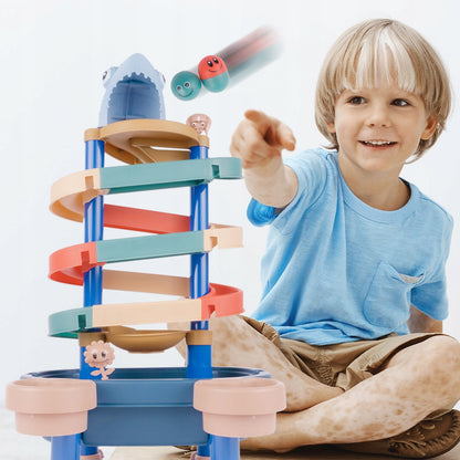 Masuta 3 in 1 cu Tobogan idealStore FunSlide, include 4 Bile, Utilizare in Interior si Exterior, Material Solid si Rezistent, Dezvolta coordonare mana-ochi, Design Atractiv