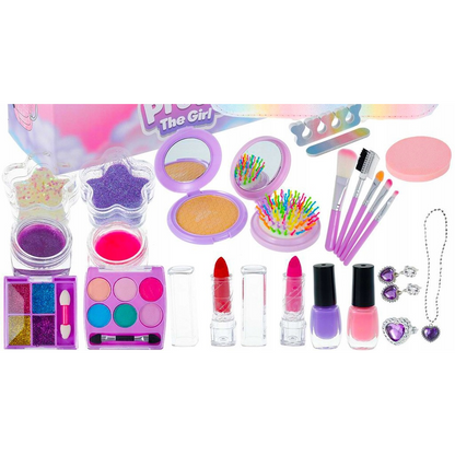 Trusa de Make-up si Accesorii Styling idealSTORE Unicorn, Cosmetice Reale, Non-Toxice, Accesorii Reale, Dezvolta Abilitatile Manuale, Peste 20 de Articole, Tema Unicorn, cu Geanta de Depozitare