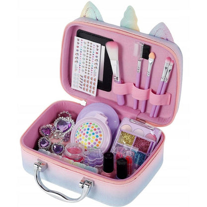 Trusa de Make-up si Accesorii Styling idealSTORE Unicorn, Cosmetice Reale, Non-Toxice, Accesorii Reale, Dezvolta Abilitatile Manuale, Peste 20 de Articole, Tema Unicorn, cu Geanta de Depozitare