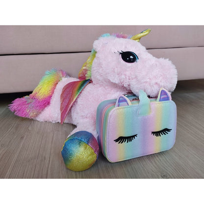 Trusa de Make-up si Accesorii Styling idealSTORE Unicorn, Cosmetice Reale, Non-Toxice, Accesorii Reale, Dezvolta Abilitatile Manuale, Peste 20 de Articole, Tema Unicorn, cu Geanta de Depozitare