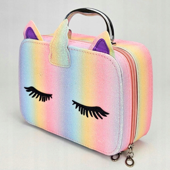 Trusa de Make-up si Accesorii Styling idealSTORE Unicorn, Cosmetice Reale, Non-Toxice, Accesorii Reale, Dezvolta Abilitatile Manuale, Peste 20 de Articole, Tema Unicorn, cu Geanta de Depozitare
