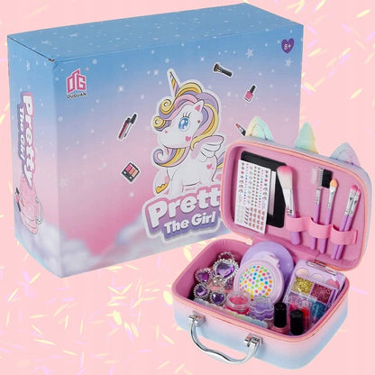 Trusa de Make-up si Accesorii Styling idealSTORE Unicorn, Cosmetice Reale, Non-Toxice, Accesorii Reale, Dezvolta Abilitatile Manuale, Peste 20 de Articole, Tema Unicorn, cu Geanta de Depozitare