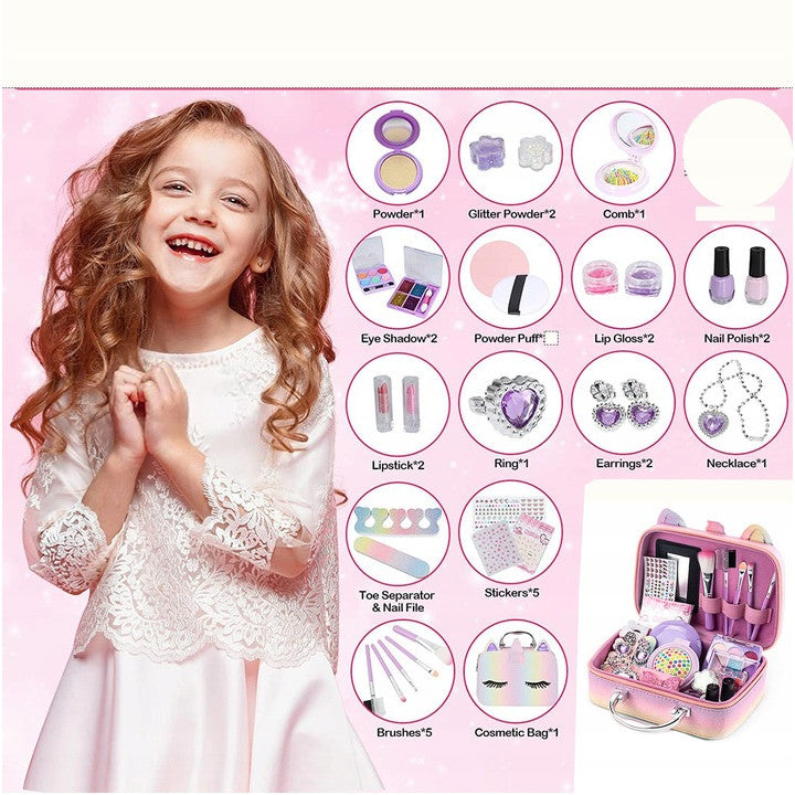 Trusa de Make-up si Accesorii Styling idealSTORE Unicorn, Cosmetice Reale, Non-Toxice, Accesorii Reale, Dezvolta Abilitatile Manuale, Peste 20 de Articole, Tema Unicorn, cu Geanta de Depozitare