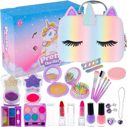 Trusa de Make-up si Accesorii Styling idealSTORE Unicorn, Cosmetice Reale, Non-Toxice, Accesorii Reale, Dezvolta Abilitatile Manuale, Peste 20 de Articole, Tema Unicorn, cu Geanta de Depozitare