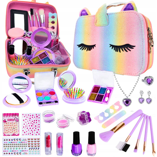 Trusa de Make-up si Accesorii Styling idealSTORE Unicorn, Cosmetice Reale, Non-Toxice, Accesorii Reale, Dezvolta Abilitatile Manuale, Peste 20 de Articole, Tema Unicorn, cu Geanta de Depozitare