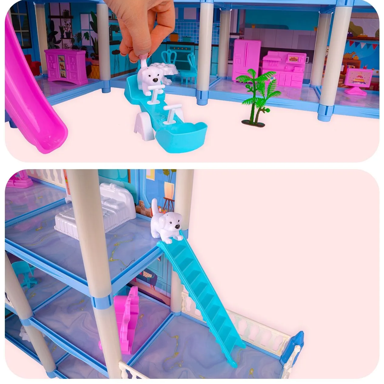 Casuta de Papusi Beautiful Home idealSTORE, Dimensiuni 52 x 41 x 48 cm, Constructie pe 3 Etaje, 6 Camere spatioase, Terasa, Loc de joaca, Include Tobogan, Mobilier si Electrocasnice, TV, 2 Catei, Copaci, Leagan, Fara Margini Ascutite, Design Minimalist