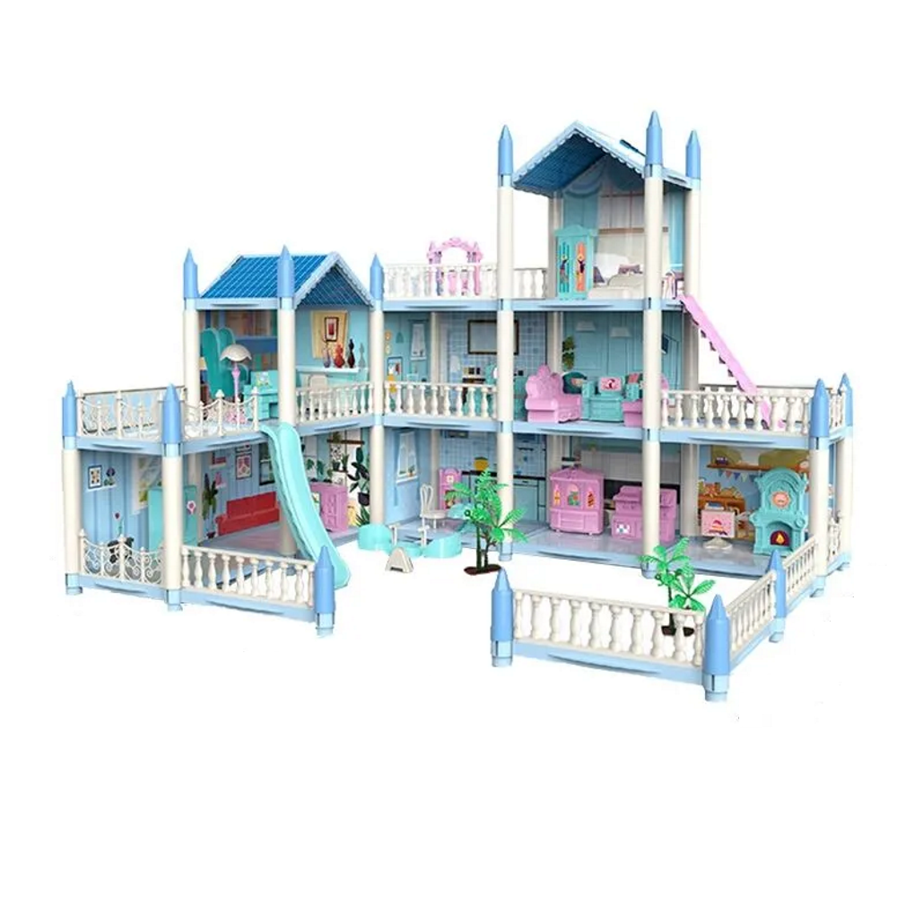 Casuta de Papusi Beautiful Home idealSTORE, Dimensiuni 52 x 41 x 48 cm, Constructie pe 3 Etaje, 6 Camere spatioase, Terasa, Loc de joaca, Include Tobogan, Mobilier si Electrocasnice, TV, 2 Catei, Copaci, Leagan, Fara Margini Ascutite, Design Minimalist