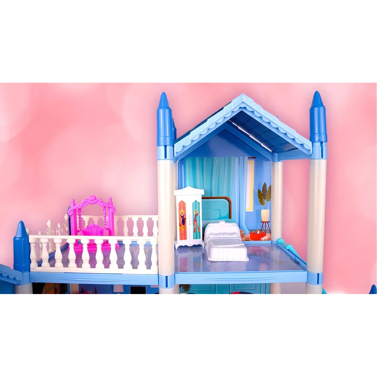 Casuta de Papusi Beautiful Home idealSTORE, Dimensiuni 52 x 41 x 48 cm, Constructie pe 3 Etaje, 6 Camere spatioase, Terasa, Loc de joaca, Include Tobogan, Mobilier si Electrocasnice, TV, 2 Catei, Copaci, Leagan, Fara Margini Ascutite, Design Minimalist