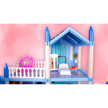 Casuta de Papusi Beautiful Home idealSTORE, Dimensiuni 52 x 41 x 48 cm, Constructie pe 3 Etaje, 6 Camere spatioase, Terasa, Loc de joaca, Include Tobogan, Mobilier si Electrocasnice, TV, 2 Catei, Copaci, Leagan, Fara Margini Ascutite, Design Minimalist