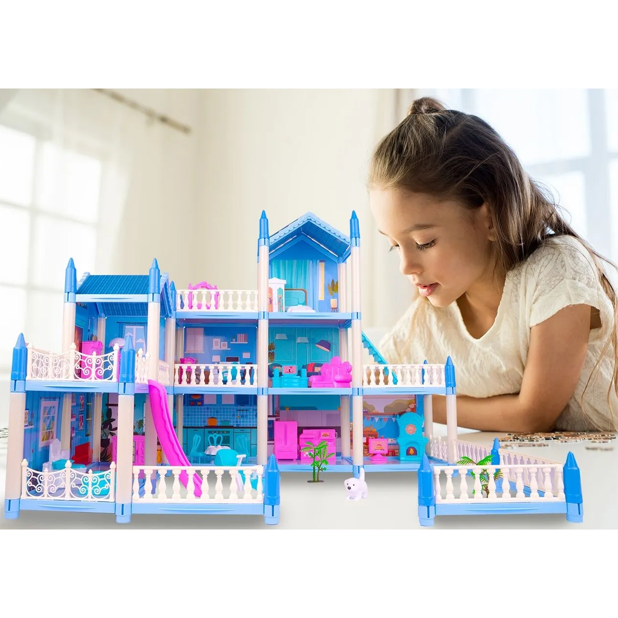 Casuta de Papusi Beautiful Home idealSTORE, Dimensiuni 52 x 41 x 48 cm, Constructie pe 3 Etaje, 6 Camere spatioase, Terasa, Loc de joaca, Include Tobogan, Mobilier si Electrocasnice, TV, 2 Catei, Copaci, Leagan, Fara Margini Ascutite, Design Minimalist