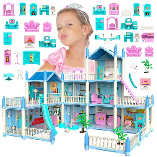 Casuta de Papusi Beautiful Home idealSTORE, Dimensiuni 52 x 41 x 48 cm, Constructie pe 3 Etaje, 6 Camere spatioase, Terasa, Loc de joaca, Include Tobogan, Mobilier si Electrocasnice, TV, 2 Catei, Copaci, Leagan, Fara Margini Ascutite, Design Minimalist