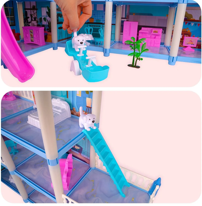 Casuta de Papusi Beautiful Home idealSTORE, Dimensiuni 52 x 41 x 48 cm, Constructie pe 3 Etaje, 6 Camere spatioase, Terasa, Loc de joaca, Include Tobogan, Mobilier si Electrocasnice, TV, 2 Catei, Copaci, Leagan, Fara Margini Ascutite, Design Minimalist