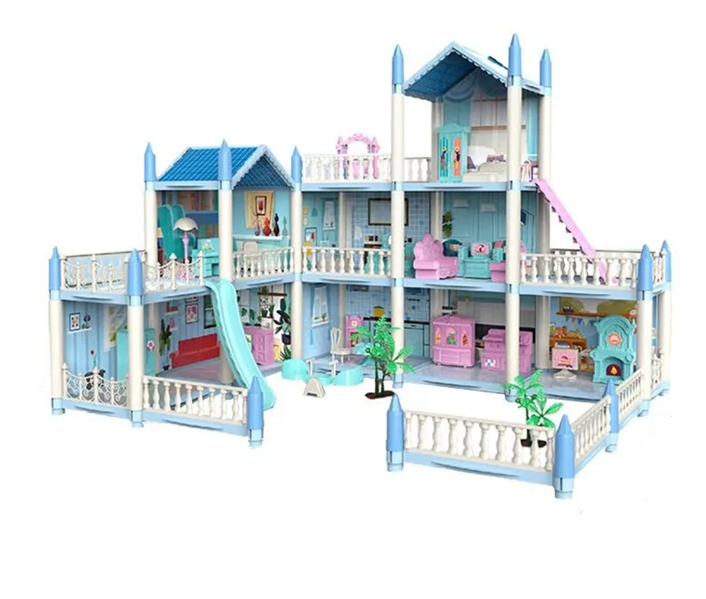 Casuta de Papusi Beautiful Home idealSTORE, Dimensiuni 52 x 41 x 48 cm, Constructie pe 3 Etaje, 6 Camere spatioase, Terasa, Loc de joaca, Include Tobogan, Mobilier si Electrocasnice, TV, 2 Catei, Copaci, Leagan, Fara Margini Ascutite, Design Minimalist