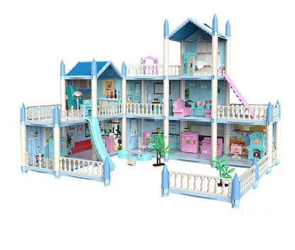 Casuta de Papusi Beautiful Home idealSTORE, Dimensiuni 52 x 41 x 48 cm, Constructie pe 3 Etaje, 6 Camere spatioase, Terasa, Loc de joaca, Include Tobogan, Mobilier si Electrocasnice, TV, 2 Catei, Copaci, Leagan, Fara Margini Ascutite, Design Minimalist