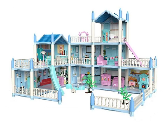 Casuta de Papusi Beautiful Home idealSTORE, Dimensiuni 52 x 41 x 48 cm, Constructie pe 3 Etaje, 6 Camere spatioase, Terasa, Loc de joaca, Include Tobogan, Mobilier si Electrocasnice, TV, 2 Catei, Copaci, Leagan, Fara Margini Ascutite, Design Minimalist