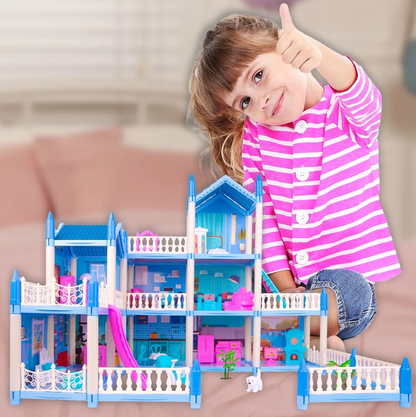 Casuta de Papusi Beautiful Home idealSTORE, Dimensiuni 52 x 41 x 48 cm, Constructie pe 3 Etaje, 6 Camere spatioase, Terasa, Loc de joaca, Include Tobogan, Mobilier si Electrocasnice, TV, 2 Catei, Copaci, Leagan, Fara Margini Ascutite, Design Minimalist