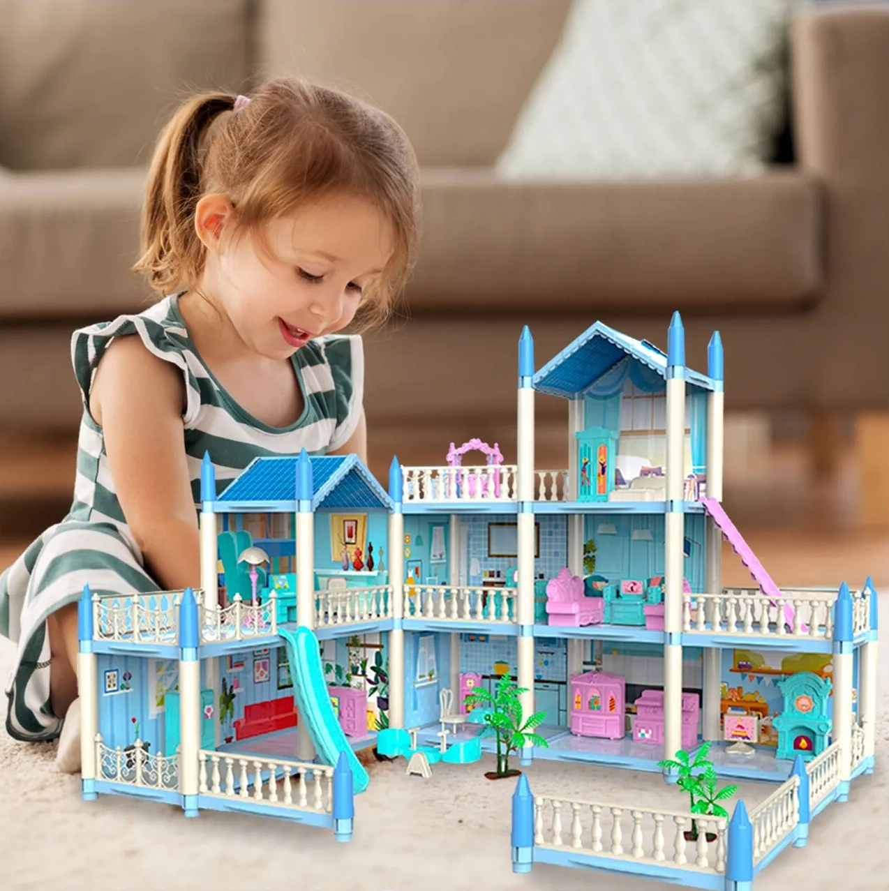 Casuta de Papusi Beautiful Home idealSTORE, Dimensiuni 52 x 41 x 48 cm, Constructie pe 3 Etaje, 6 Camere spatioase, Terasa, Loc de joaca, Include Tobogan, Mobilier si Electrocasnice, TV, 2 Catei, Copaci, Leagan, Fara Margini Ascutite, Design Minimalist