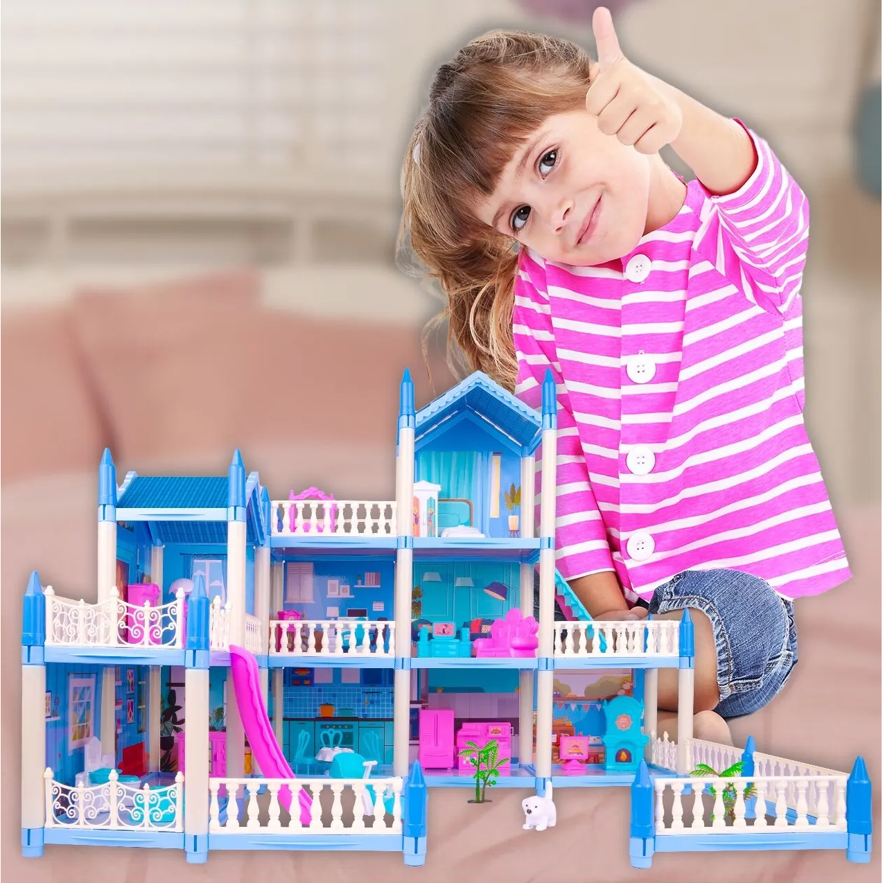 Casuta de Papusi Beautiful Home idealSTORE, Dimensiuni 52 x 41 x 48 cm, Constructie pe 3 Etaje, 6 Camere spatioase, Terasa, Loc de joaca, Include Tobogan, Mobilier si Electrocasnice, TV, 2 Catei, Copaci, Leagan, Fara Margini Ascutite, Design Minimalist